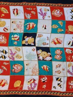 Vintage Multicolor Fish Sea Life Print Silk Scarf In Red Navy Cream 33x33"